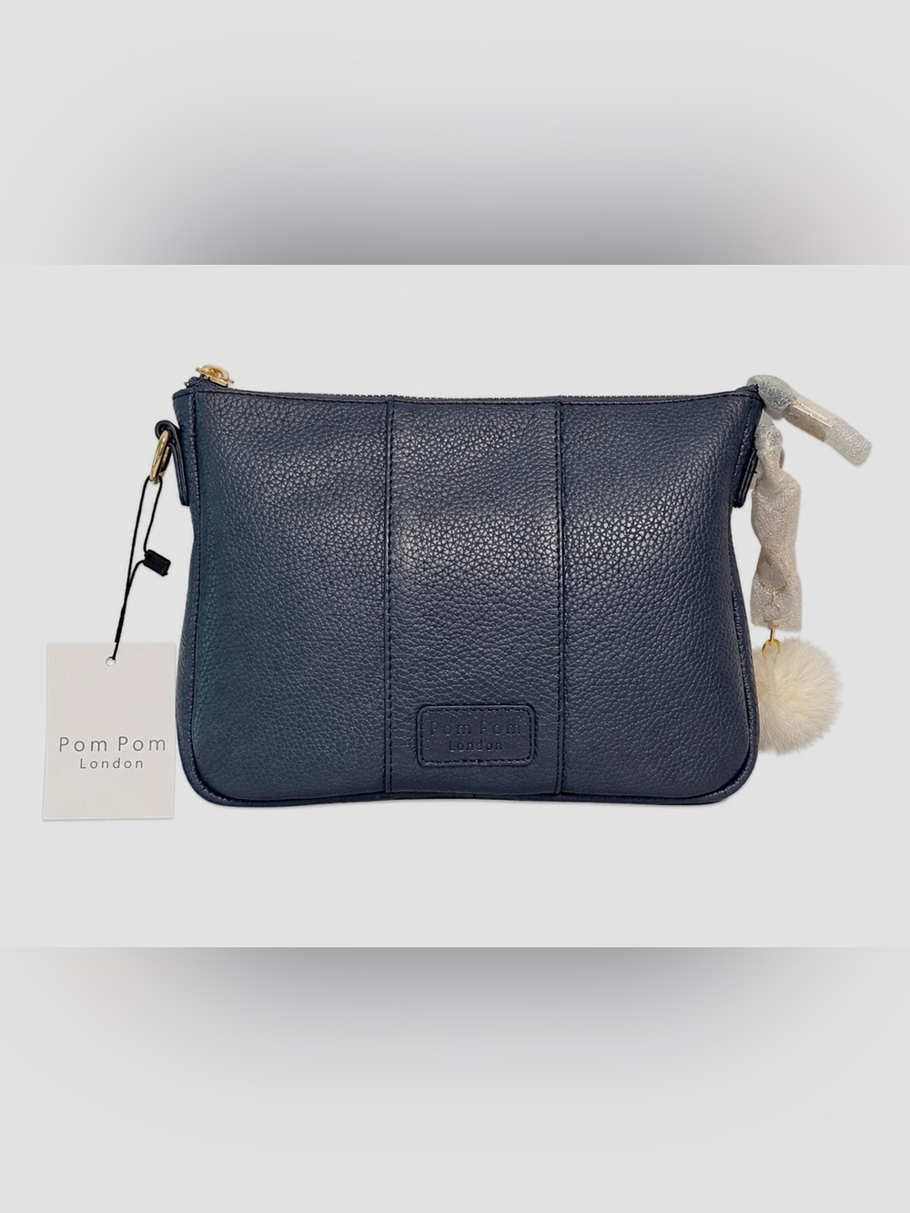 Pom Pom London Navy Pebbled Leather Crossbody Bag NWT